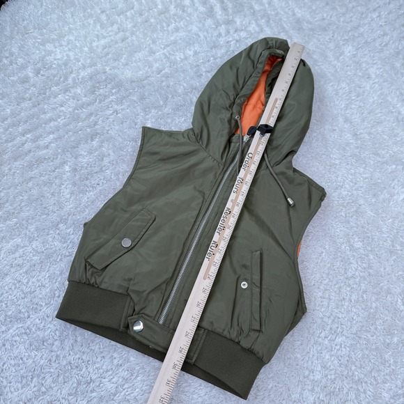 Zara Hooded Puffer Vest Womens Small Green Orange Reversible Sleeveless Jacket - Picture 4 of 9